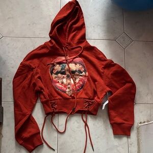 Red Hoodie Iced Out Jewels Cropped Hoodie